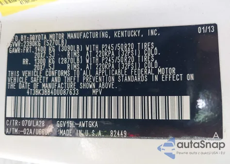 2013 Toyota Venza Xle V6 из США, поврежденный, VIN 4T3BK3BB4DU087633